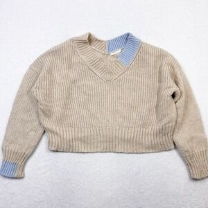 Helmut Lang Beige and Light Blue V-Neck Sweater